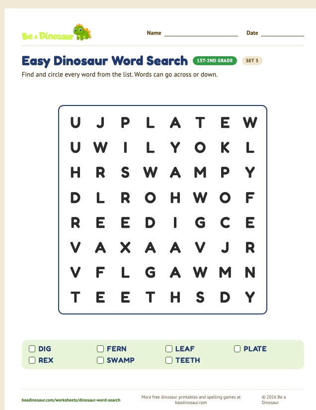 Easy Dinosaur Word Search worksheet, set 3 (free printable from Be a Dinosaur)