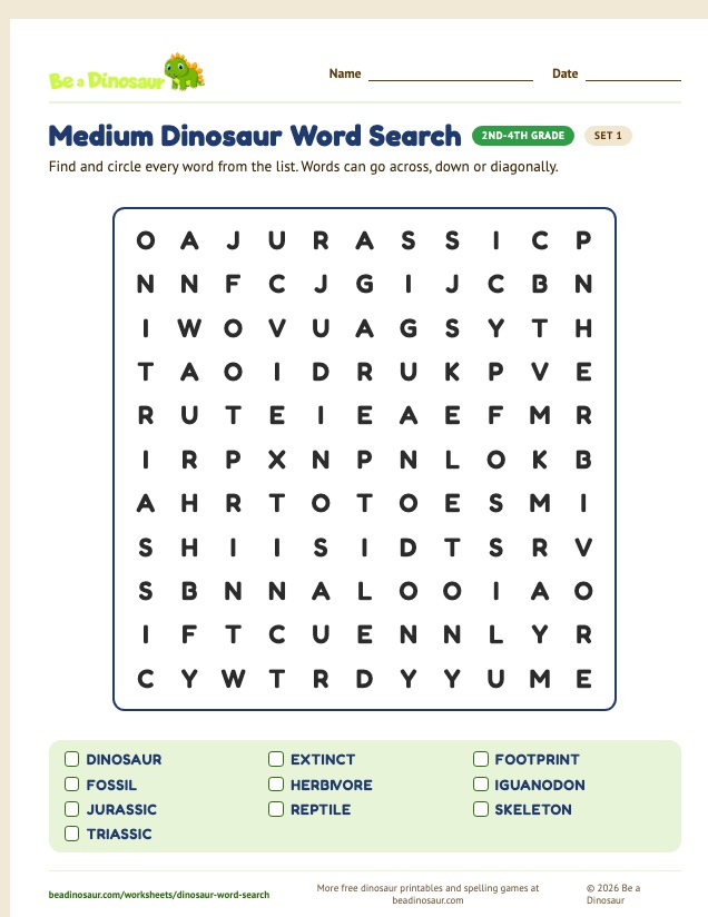 Medium Dinosaur Word Search worksheet, set 1 (free printable from Be a Dinosaur)