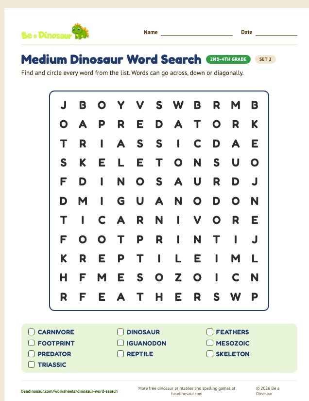 Medium Dinosaur Word Search worksheet, set 2 (free printable from Be a Dinosaur)
