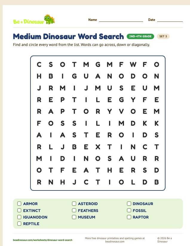 Medium Dinosaur Word Search worksheet, set 3 (free printable from Be a Dinosaur)