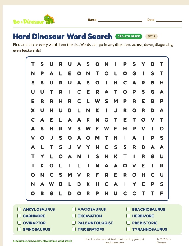 Hard Dinosaur Word Search worksheet, set 1 (free printable from Be a Dinosaur)