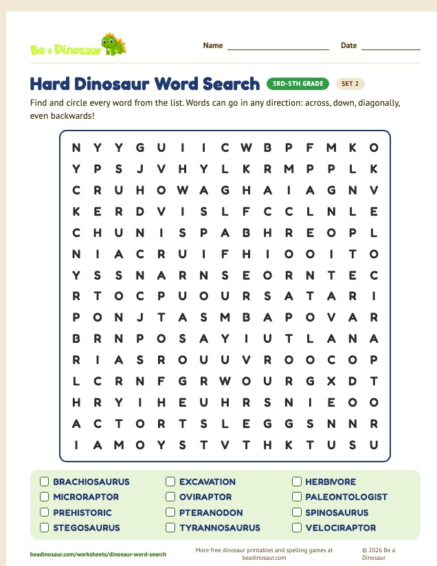 Hard Dinosaur Word Search worksheet, set 2 (free printable from Be a Dinosaur)