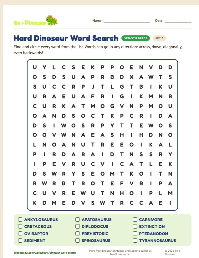 Hard Dinosaur Word Search worksheet, set 3 (free printable from Be a Dinosaur)