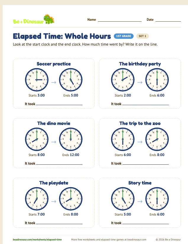 Elapsed Time: Whole Hours worksheet, set 1 (free printable from Be a Dinosaur)