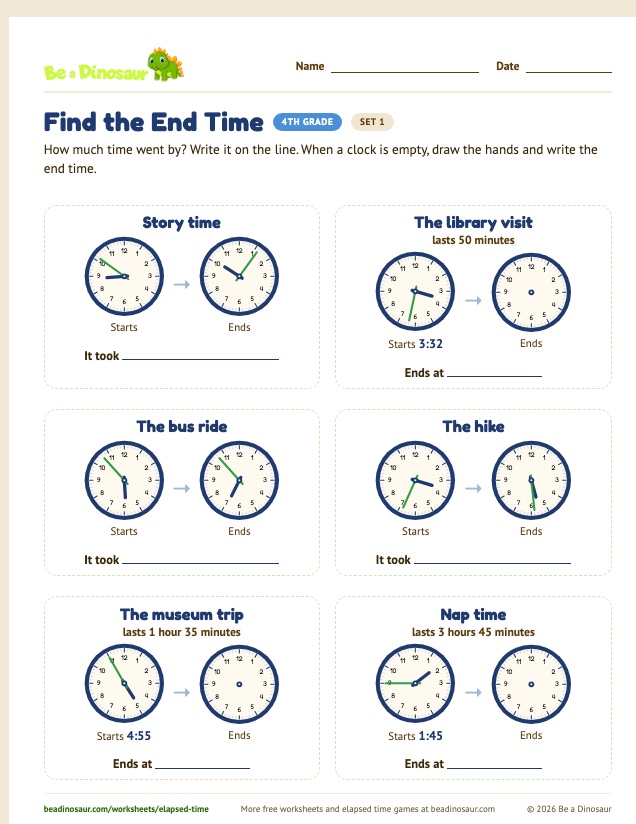Find the End Time worksheet, set 1 (free printable from Be a Dinosaur)