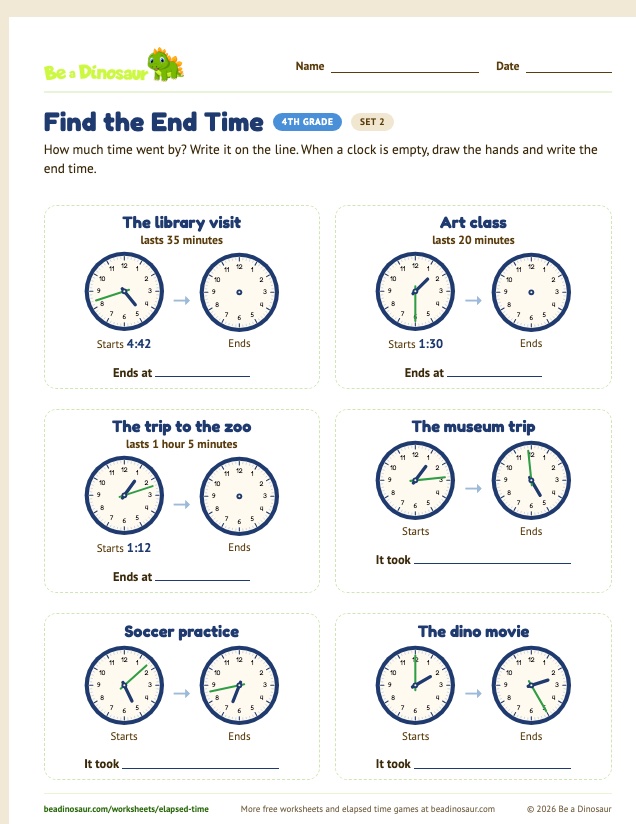 Find the End Time worksheet, set 2 (free printable from Be a Dinosaur)