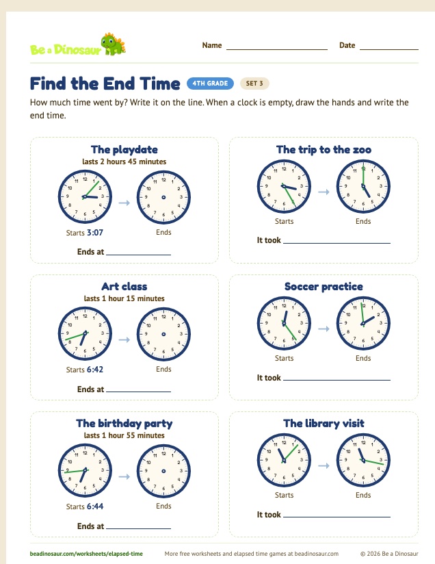 Find the End Time worksheet, set 3 (free printable from Be a Dinosaur)