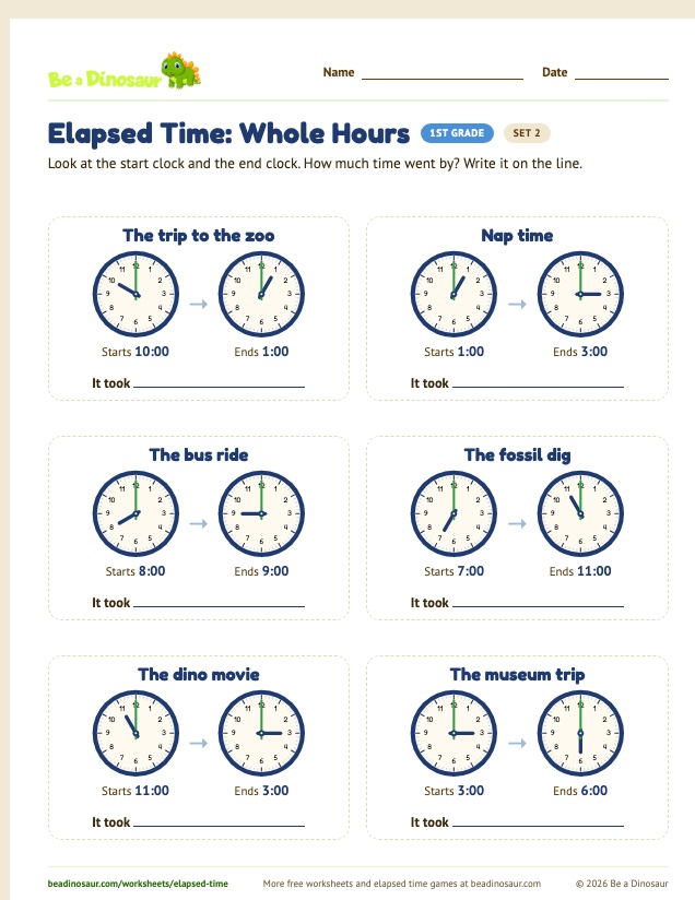 Elapsed Time: Whole Hours worksheet, set 2 (free printable from Be a Dinosaur)