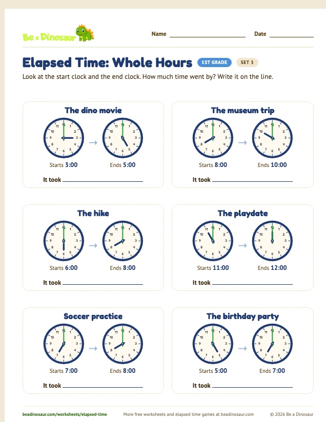Elapsed Time: Whole Hours worksheet, set 3 (free printable from Be a Dinosaur)