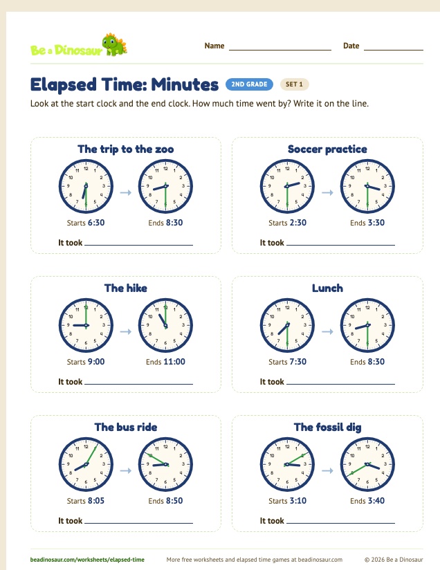 Elapsed Time: Minutes worksheet, set 1 (free printable from Be a Dinosaur)