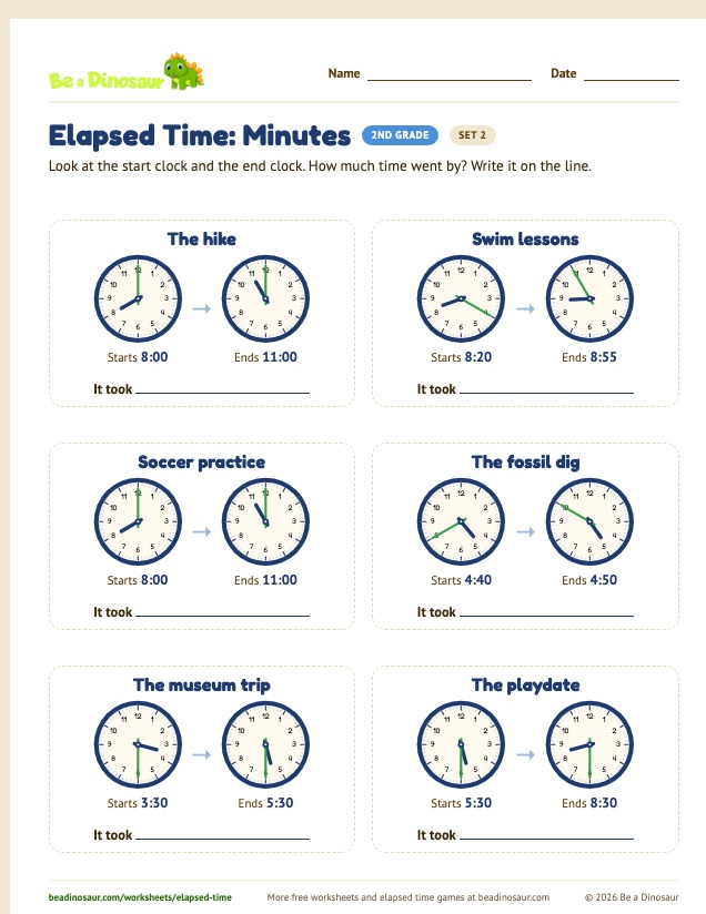 Elapsed Time: Minutes worksheet, set 2 (free printable from Be a Dinosaur)