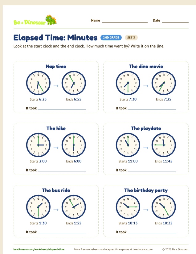 Elapsed Time: Minutes worksheet, set 3 (free printable from Be a Dinosaur)