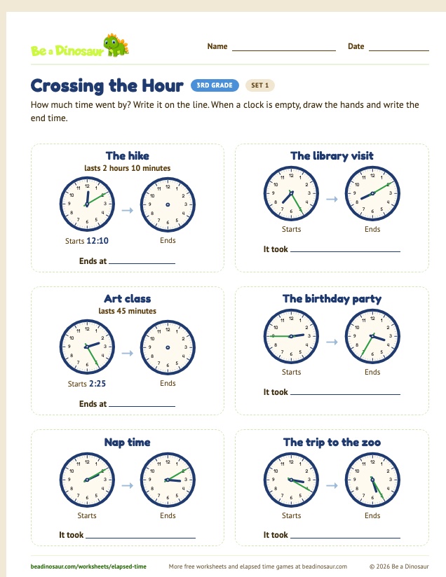 Crossing the Hour worksheet, set 1 (free printable from Be a Dinosaur)