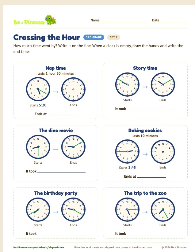 Crossing the Hour worksheet, set 2 (free printable from Be a Dinosaur)