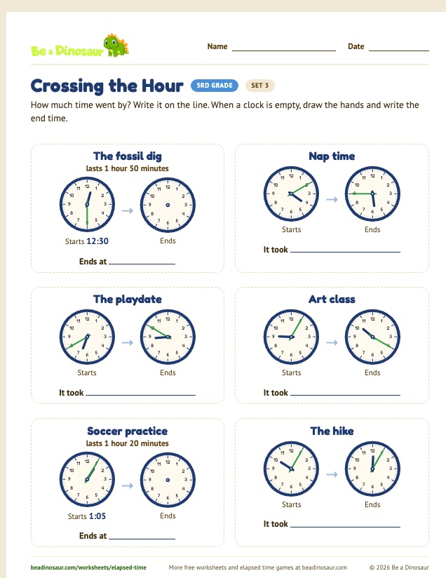Crossing the Hour worksheet, set 3 (free printable from Be a Dinosaur)