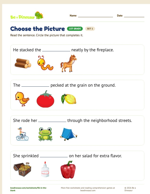 Choose the Picture worksheet, set 1 (free printable from Be a Dinosaur)