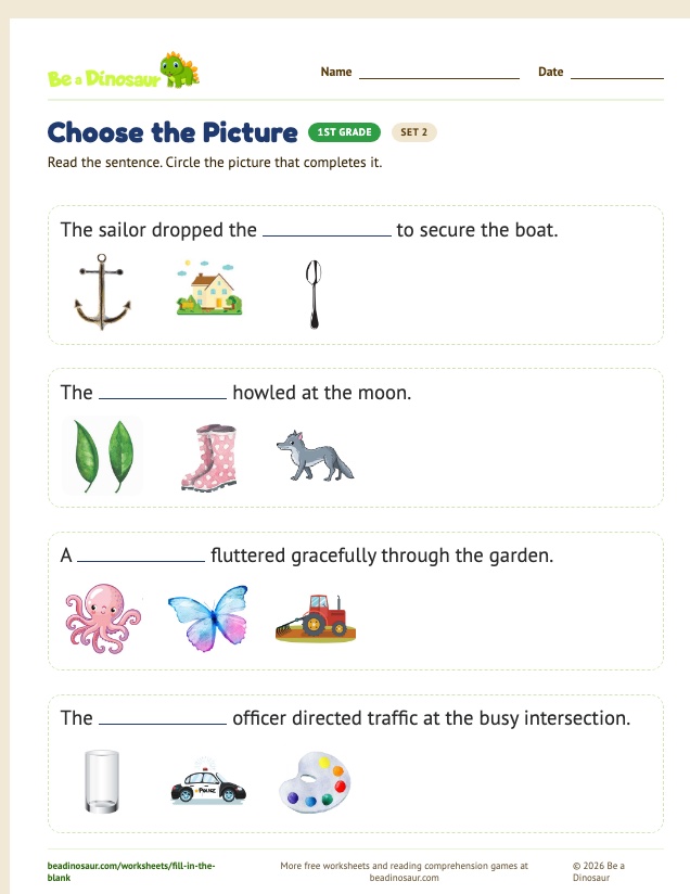 Choose the Picture worksheet, set 2 (free printable from Be a Dinosaur)