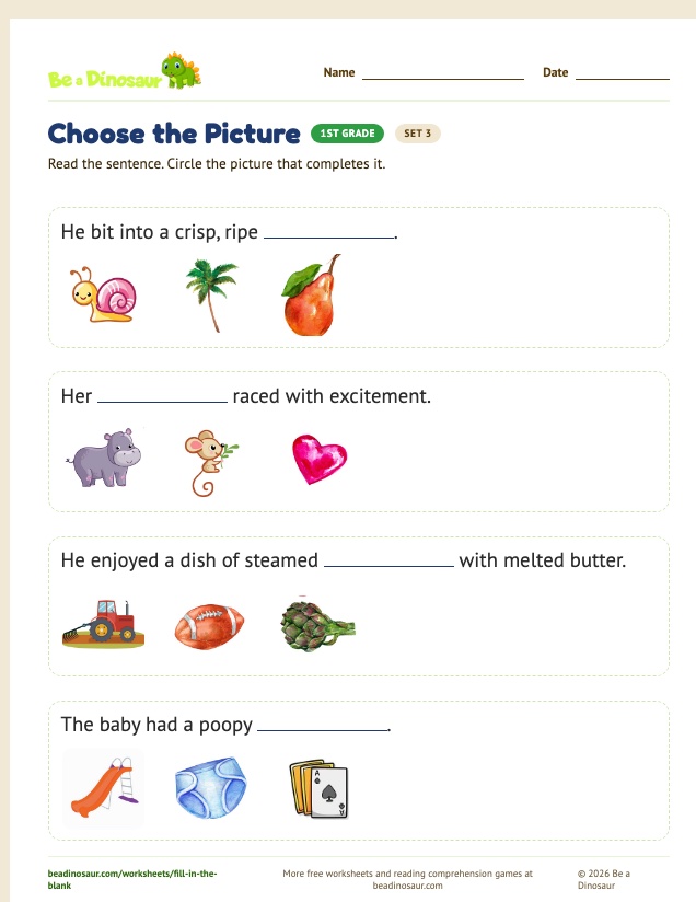 Choose the Picture worksheet, set 3 (free printable from Be a Dinosaur)