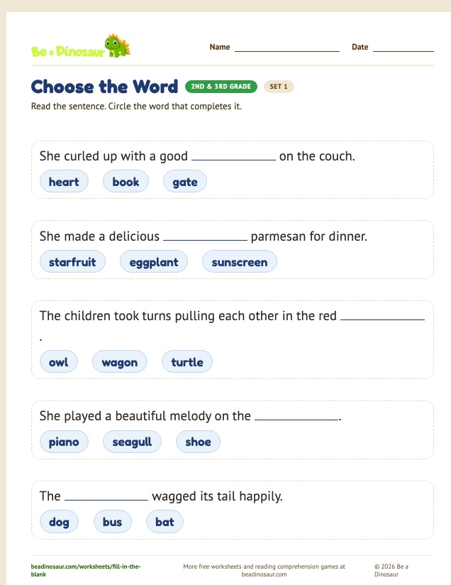 Choose the Word worksheet, set 1 (free printable from Be a Dinosaur)