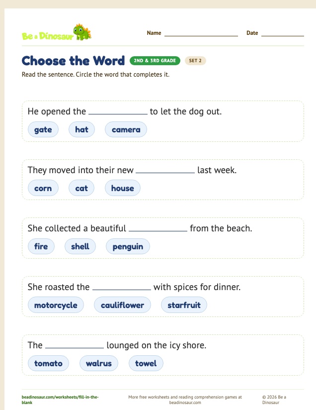 Choose the Word worksheet, set 2 (free printable from Be a Dinosaur)