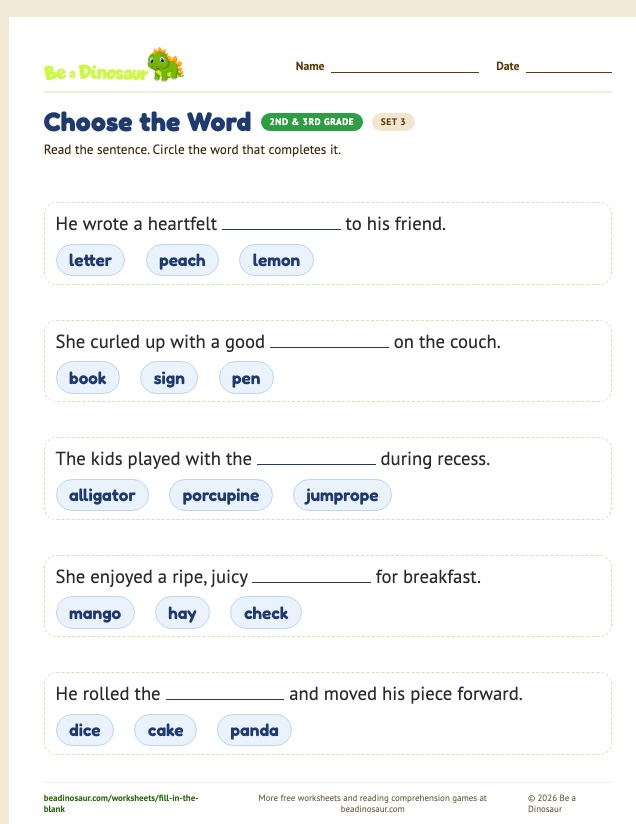 Choose the Word worksheet, set 3 (free printable from Be a Dinosaur)