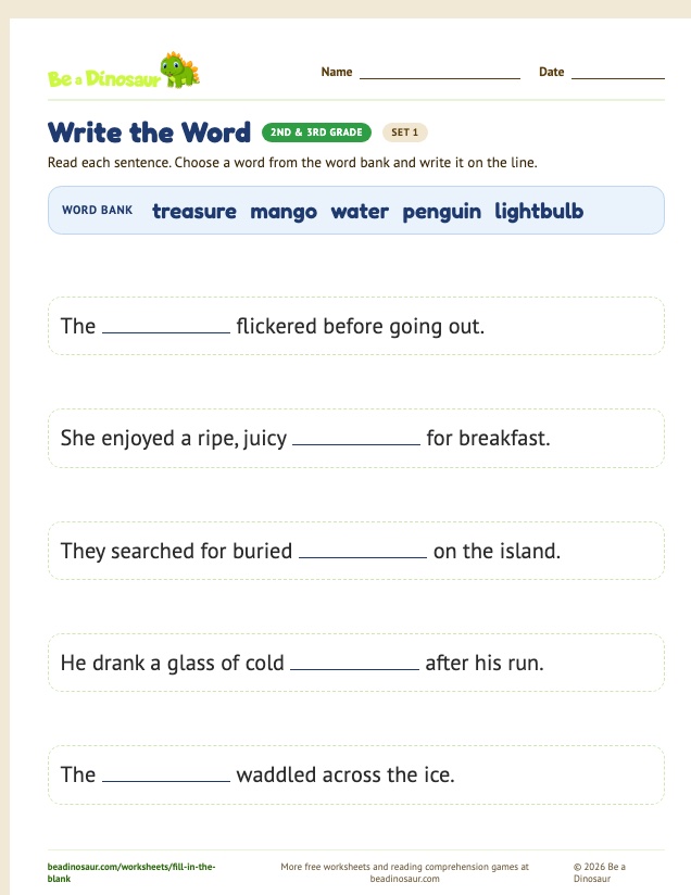 Write the Word worksheet, set 1 (free printable from Be a Dinosaur)