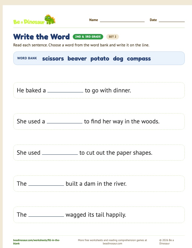 Write the Word worksheet, set 2 (free printable from Be a Dinosaur)