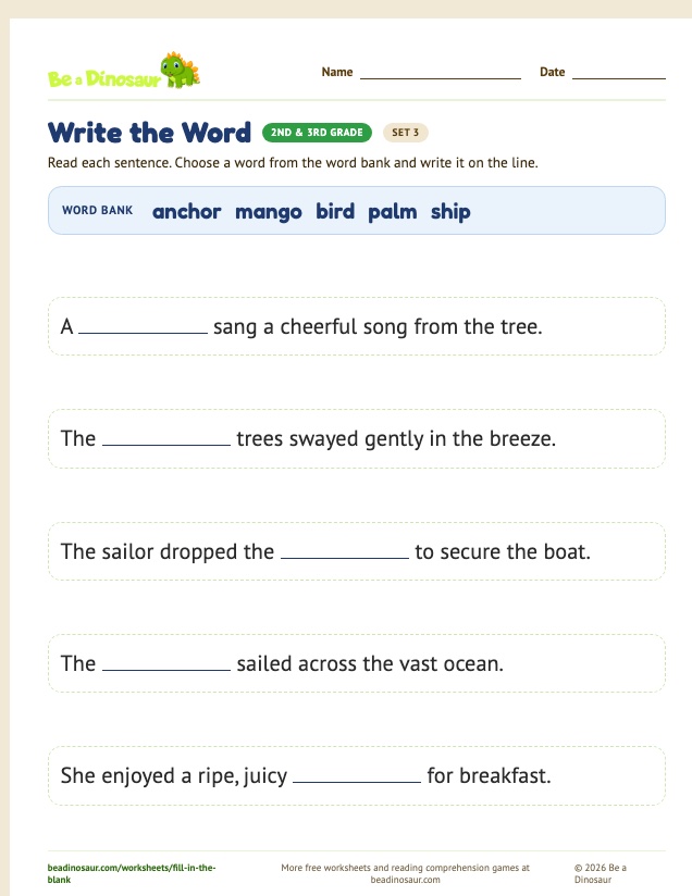 Write the Word worksheet, set 3 (free printable from Be a Dinosaur)