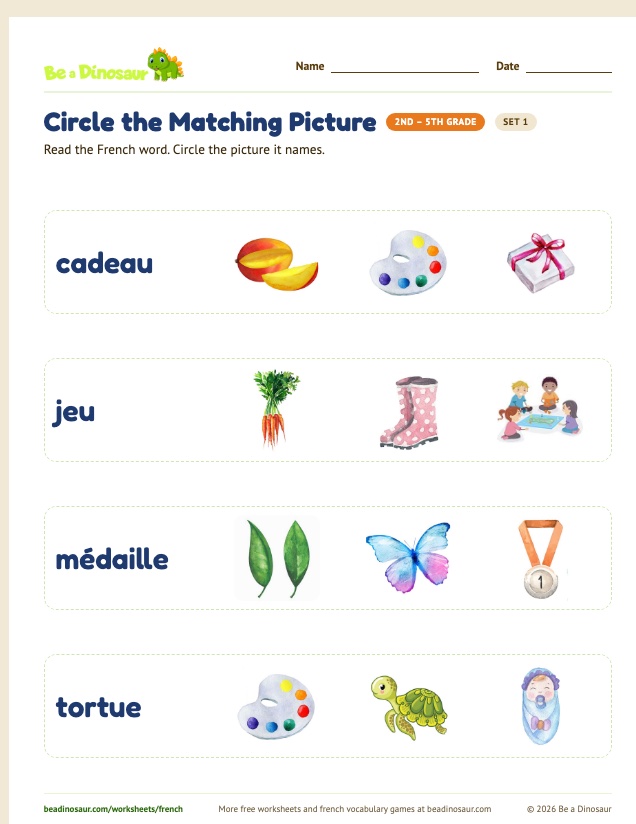 Circle the Matching Picture worksheet, set 1 (free printable from Be a Dinosaur)