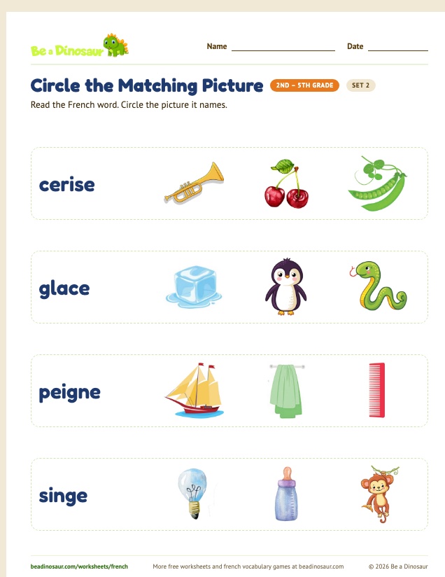 Circle the Matching Picture worksheet, set 2 (free printable from Be a Dinosaur)