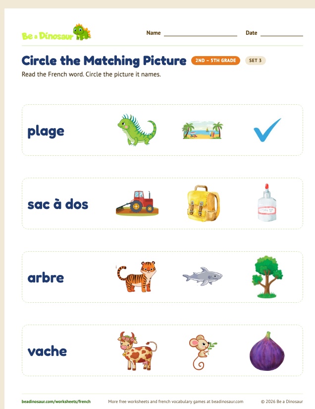 Circle the Matching Picture worksheet, set 3 (free printable from Be a Dinosaur)