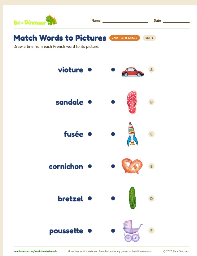 Match Words to Pictures worksheet, set 1 (free printable from Be a Dinosaur)