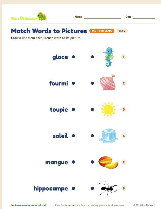 Match Words to Pictures worksheet, set 2 (free printable from Be a Dinosaur)