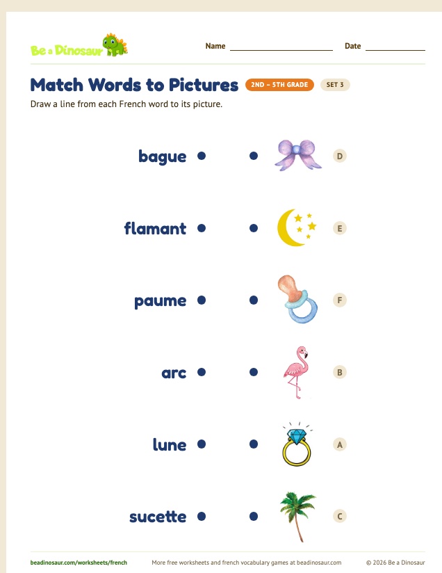 Match Words to Pictures worksheet, set 3 (free printable from Be a Dinosaur)