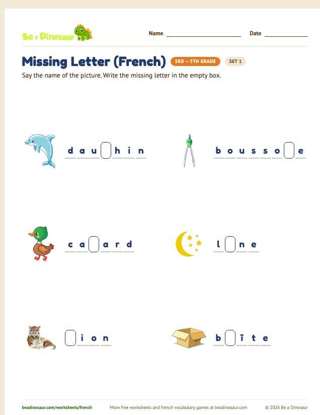 Missing Letter (French) worksheet, set 1 (free printable from Be a Dinosaur)