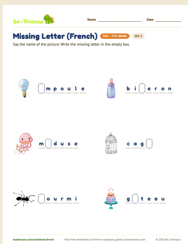 Missing Letter (French) worksheet, set 2 (free printable from Be a Dinosaur)