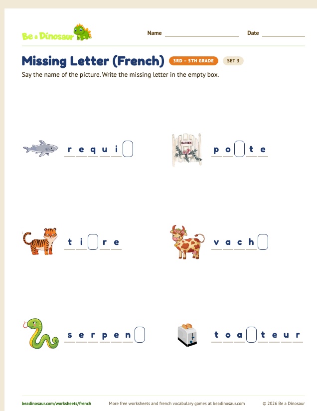 Missing Letter (French) worksheet, set 3 (free printable from Be a Dinosaur)