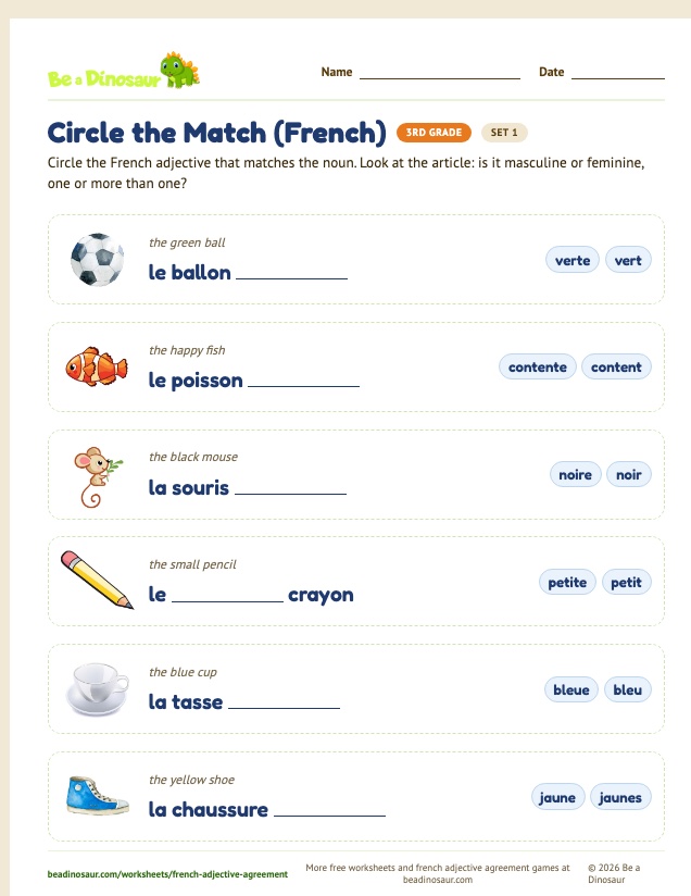 Circle the Match (French) worksheet, set 1 (free printable from Be a Dinosaur)