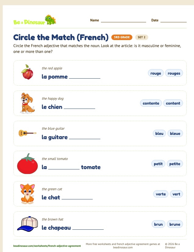 Circle the Match (French) worksheet, set 2 (free printable from Be a Dinosaur)