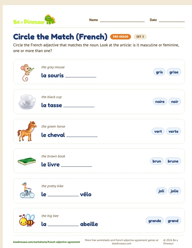 Circle the Match (French) worksheet, set 3 (free printable from Be a Dinosaur)