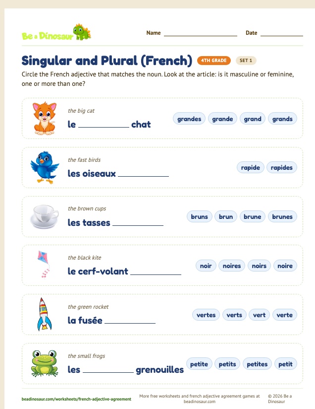 Singular and Plural (French) worksheet, set 1 (free printable from Be a Dinosaur)