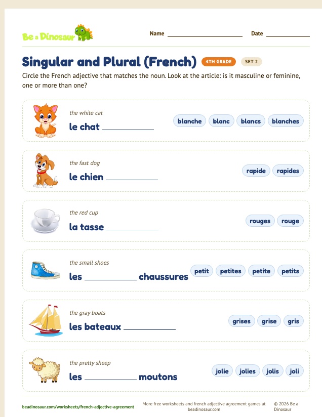 Singular and Plural (French) worksheet, set 2 (free printable from Be a Dinosaur)