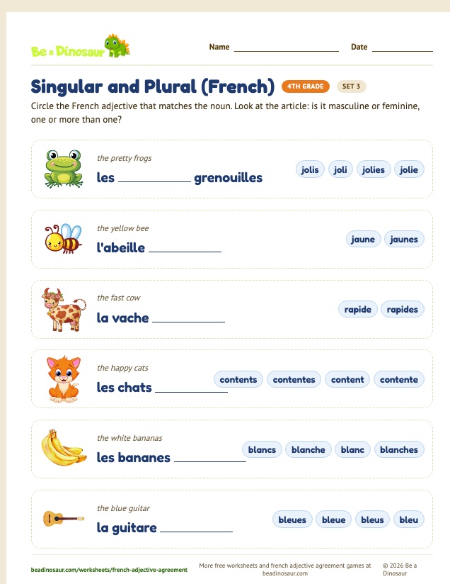 Singular and Plural (French) worksheet, set 3 (free printable from Be a Dinosaur)