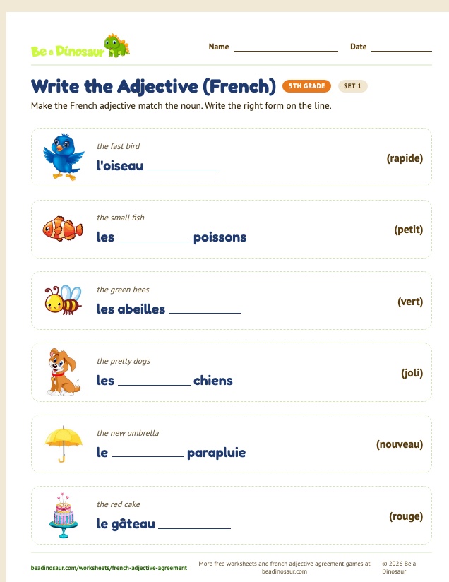 Write the Adjective (French) worksheet, set 1 (free printable from Be a Dinosaur)