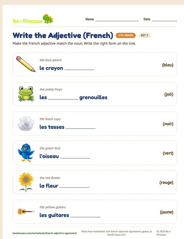 Write the Adjective (French) worksheet, set 2 (free printable from Be a Dinosaur)