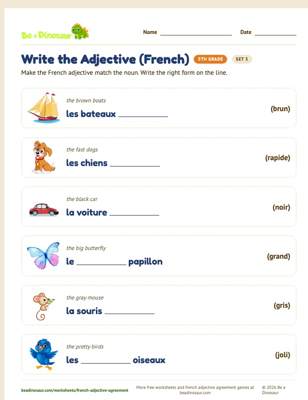 Write the Adjective (French) worksheet, set 3 (free printable from Be a Dinosaur)