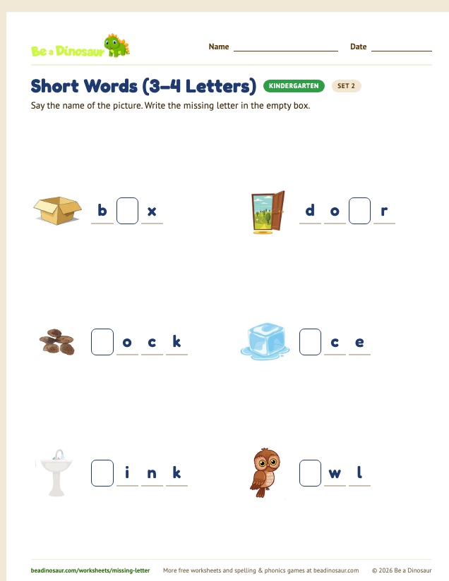 Short Words (3–4 Letters) worksheet, set 2 (free printable from Be a Dinosaur)