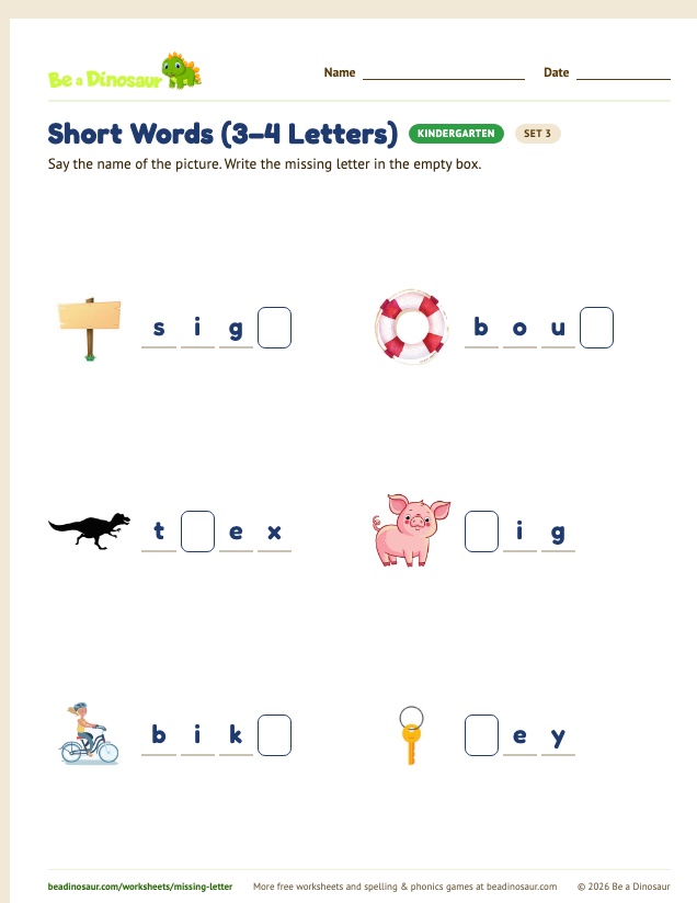 Short Words (3–4 Letters) worksheet, set 3 (free printable from Be a Dinosaur)