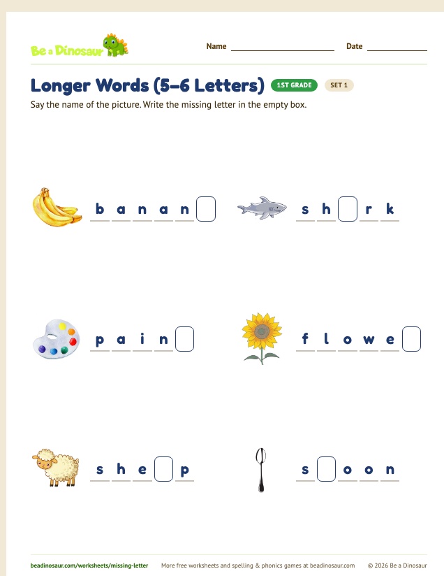 Longer Words (5–6 Letters) worksheet, set 1 (free printable from Be a Dinosaur)