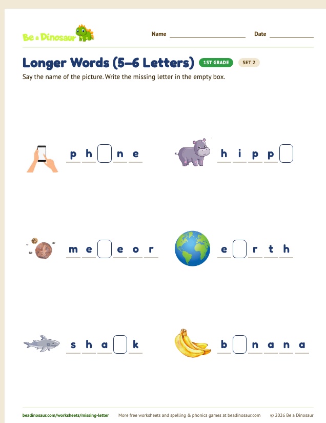 Longer Words (5–6 Letters) worksheet, set 2 (free printable from Be a Dinosaur)